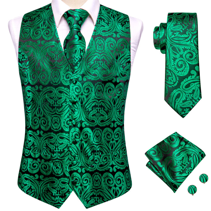 Dark Green Paisley Jacquard Silk Men's Vest Hanky Cufflinks Tie Set ...