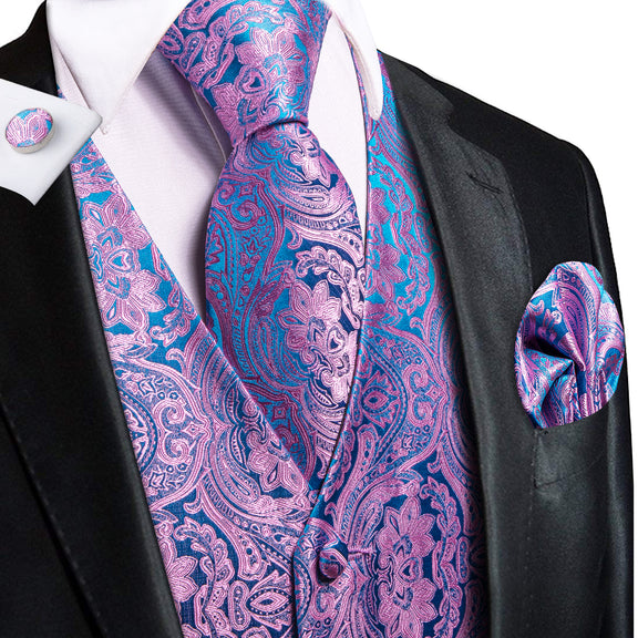 Blue Purple Paisley Jacquard Silk Men's Vest Hanky Cufflinks Tie Set ...