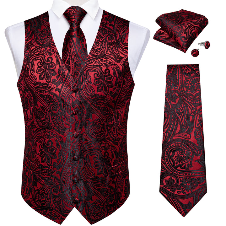 Red Black Paisley Jacquard Silk Men's Vest Hanky Cufflinks Tie Set ...
