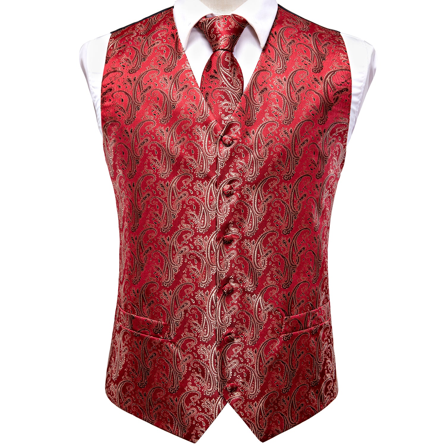 Classic Red Paisley Men's Vest Tie Hanky Cufflinks Set Waistcoat Suit ...