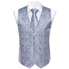 Classic Baby Blue Sliver Paisley Silk Men's Vest Tie Hanky Cufflinks S ...