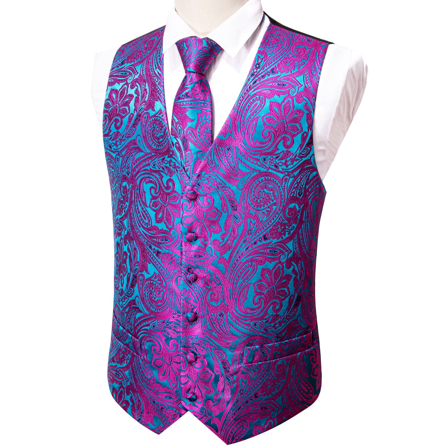 New Purple Blue Paisley Jacquard Silk Men's Vest Hanky Cufflinks Tie S ...