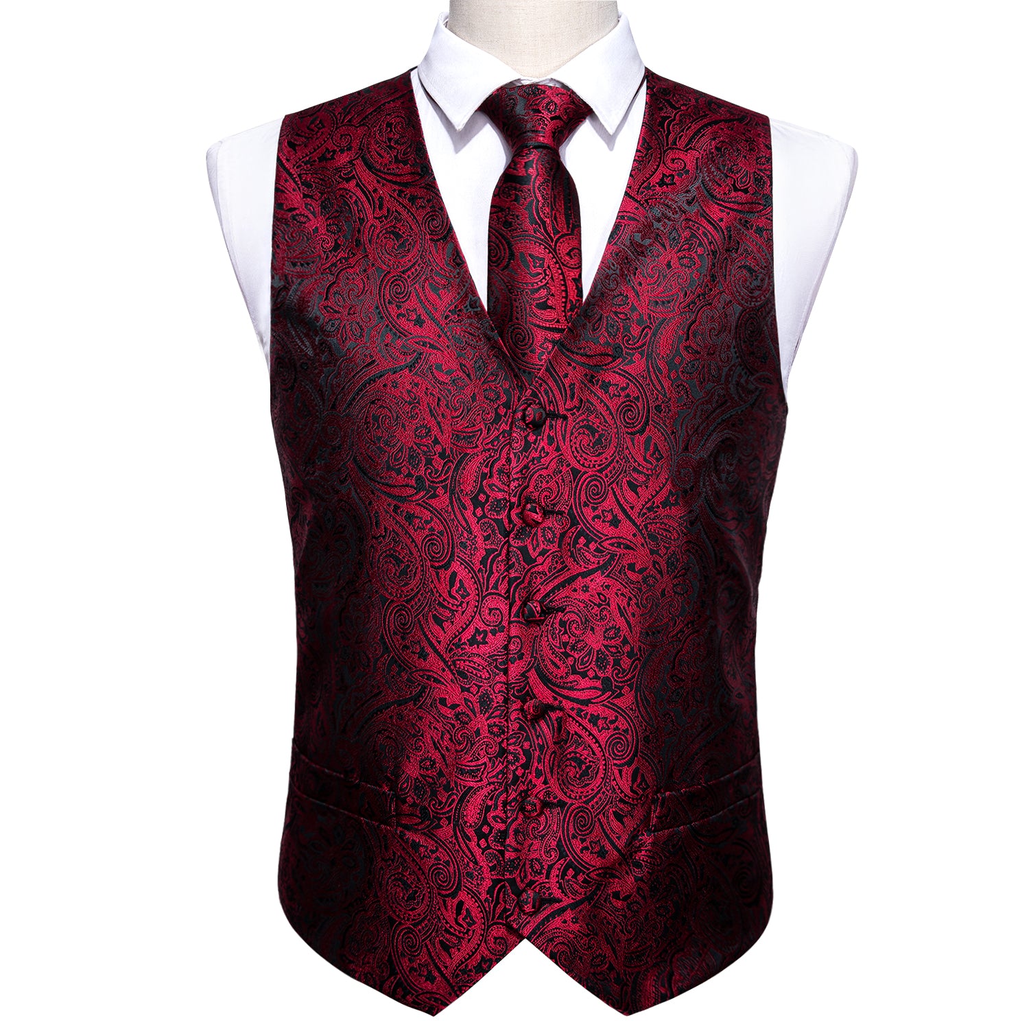 New Red Black Paisley Men's Vest Tie Hanky Cufflinks Set Waistcoat Sui ...