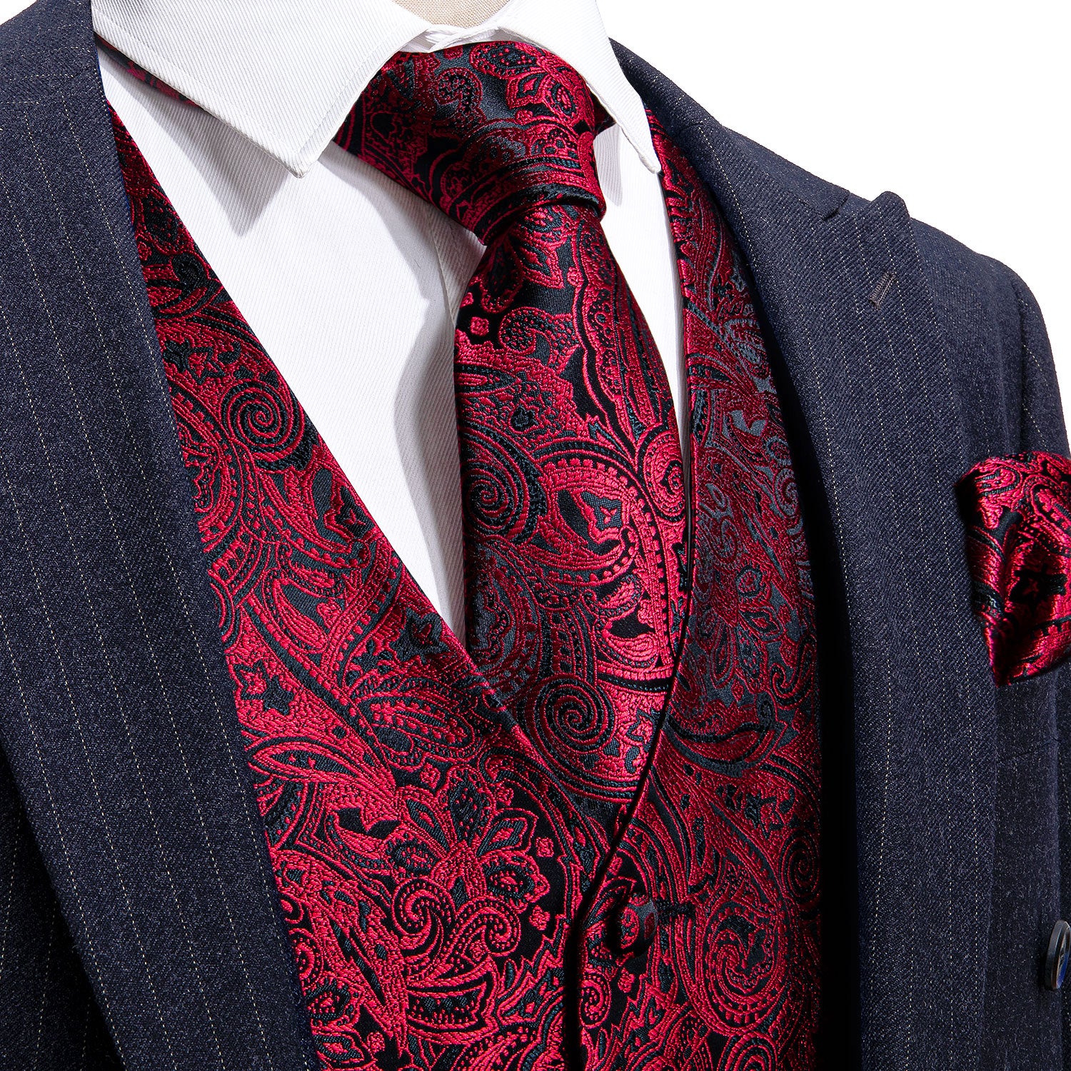 New Red Black Paisley Men's Vest Tie Hanky Cufflinks Set Waistcoat Sui ...