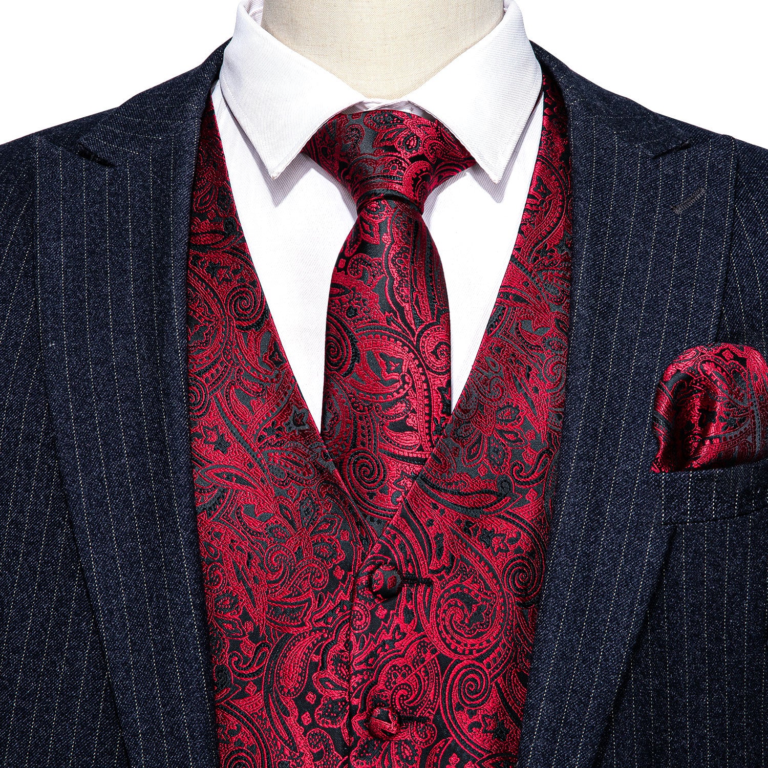 New Red Black Paisley Men's Vest Tie Hanky Cufflinks Set Waistcoat Sui 