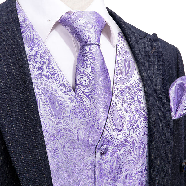 Light Purple Paisley Jacquard Silk Men's Vest Hanky Cufflinks Tie Set