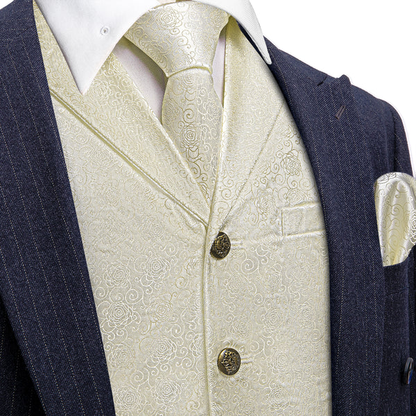 Beige White Champagne Floral  Notched Collar Jacquard Button Down Silk Men's Business Suit Vest Tie Handkerchief Cufflinks Set