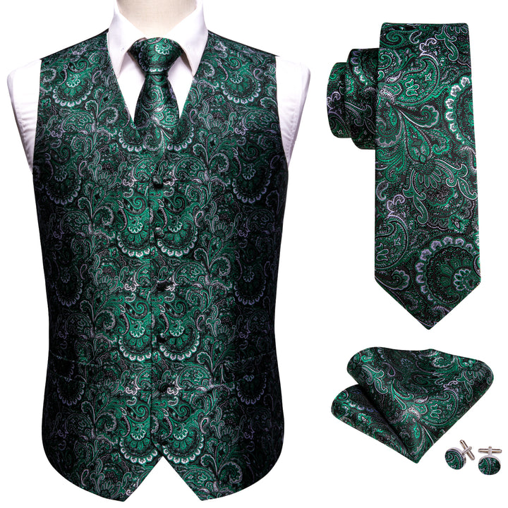 Deep Green Paisley Jacquard Silk Men's Vest Hanky Cufflinks Tie Set ...