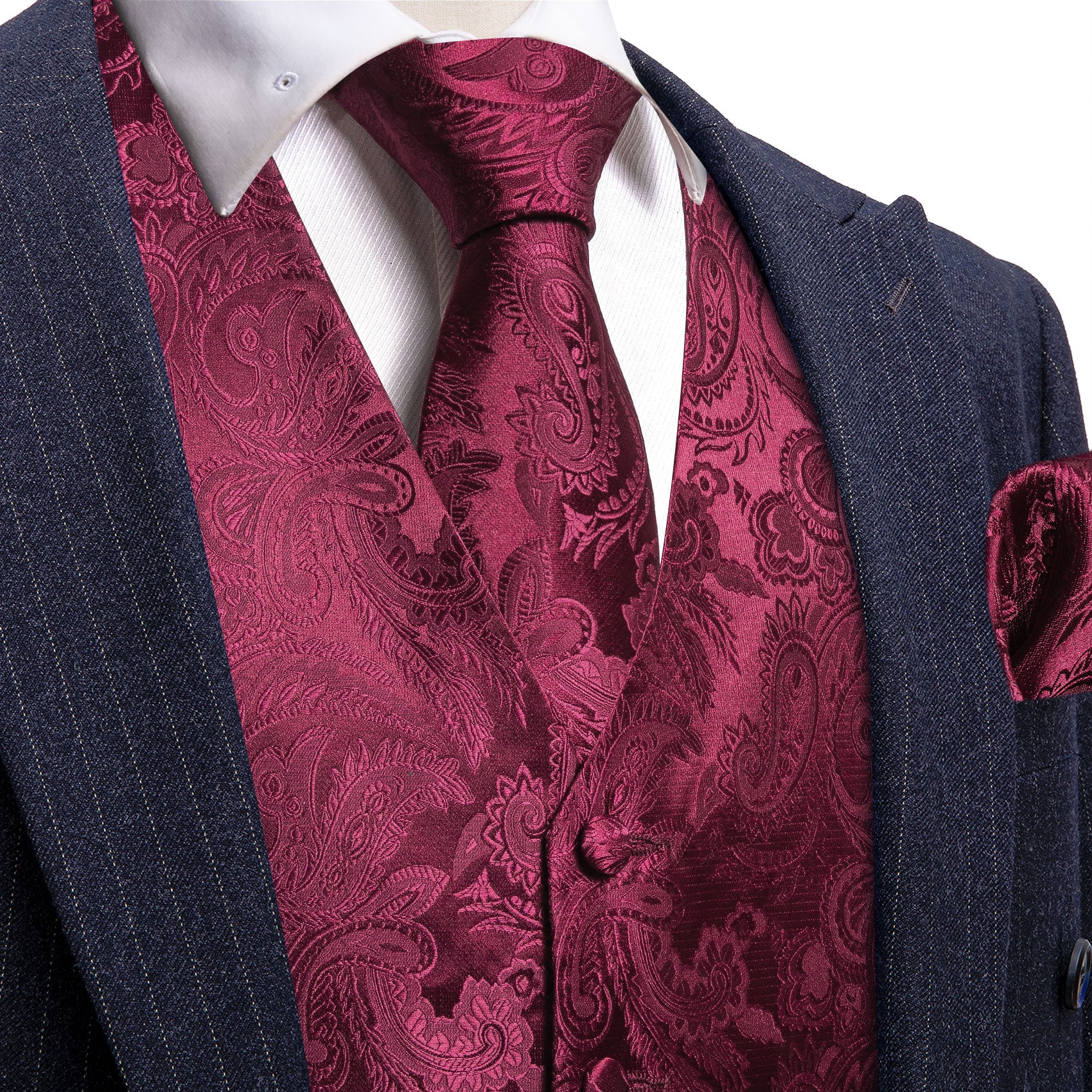 Burgundy Red Paisley Jacquard Silk Men's Vest Hanky Cufflinks Tie Set ...