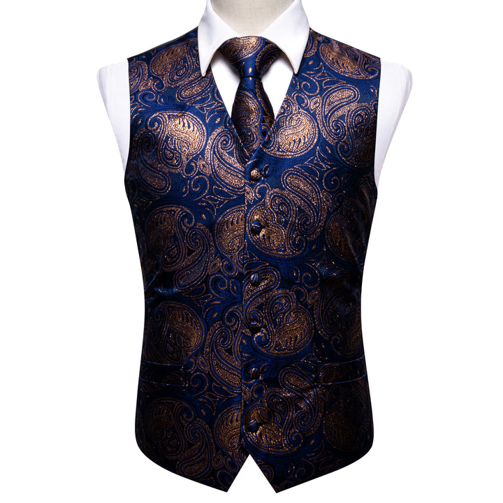 2PCS Luxury Golden Blue Shining Paisley Jacquard Men's Vest Tie Set ...