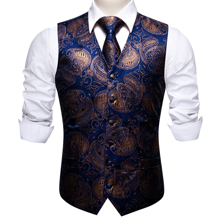 2PCS Luxury Golden Blue Shining Paisley Jacquard Men's Vest Tie Set ...