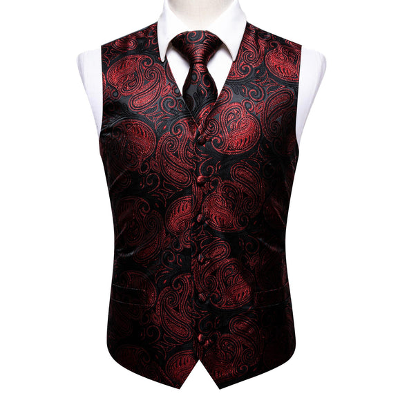 2PCS Luxury Black Red Shining Paisley Jacquard Men's Vest Tie Set ...