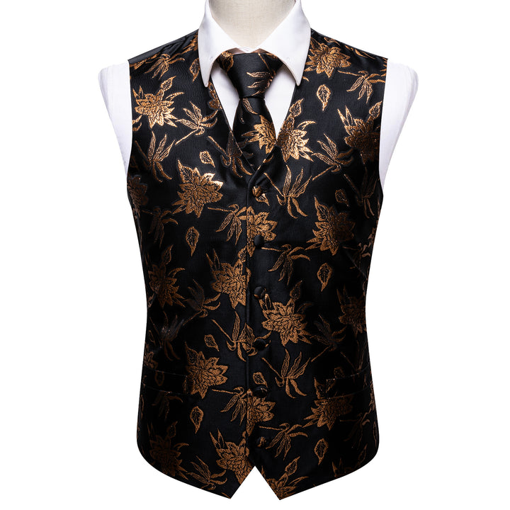 2PCS Black Golden Shining Floral Jacquard Men's Vest Tie Set – ties2you