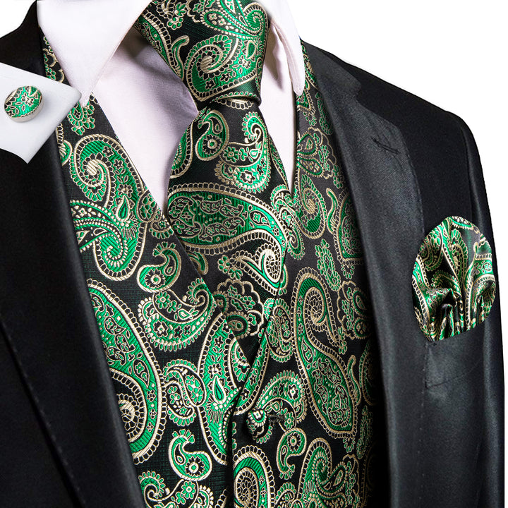 Black Green Paisley Jacquard Silk Men's Vest Hanky Cufflinks Tie Set ...