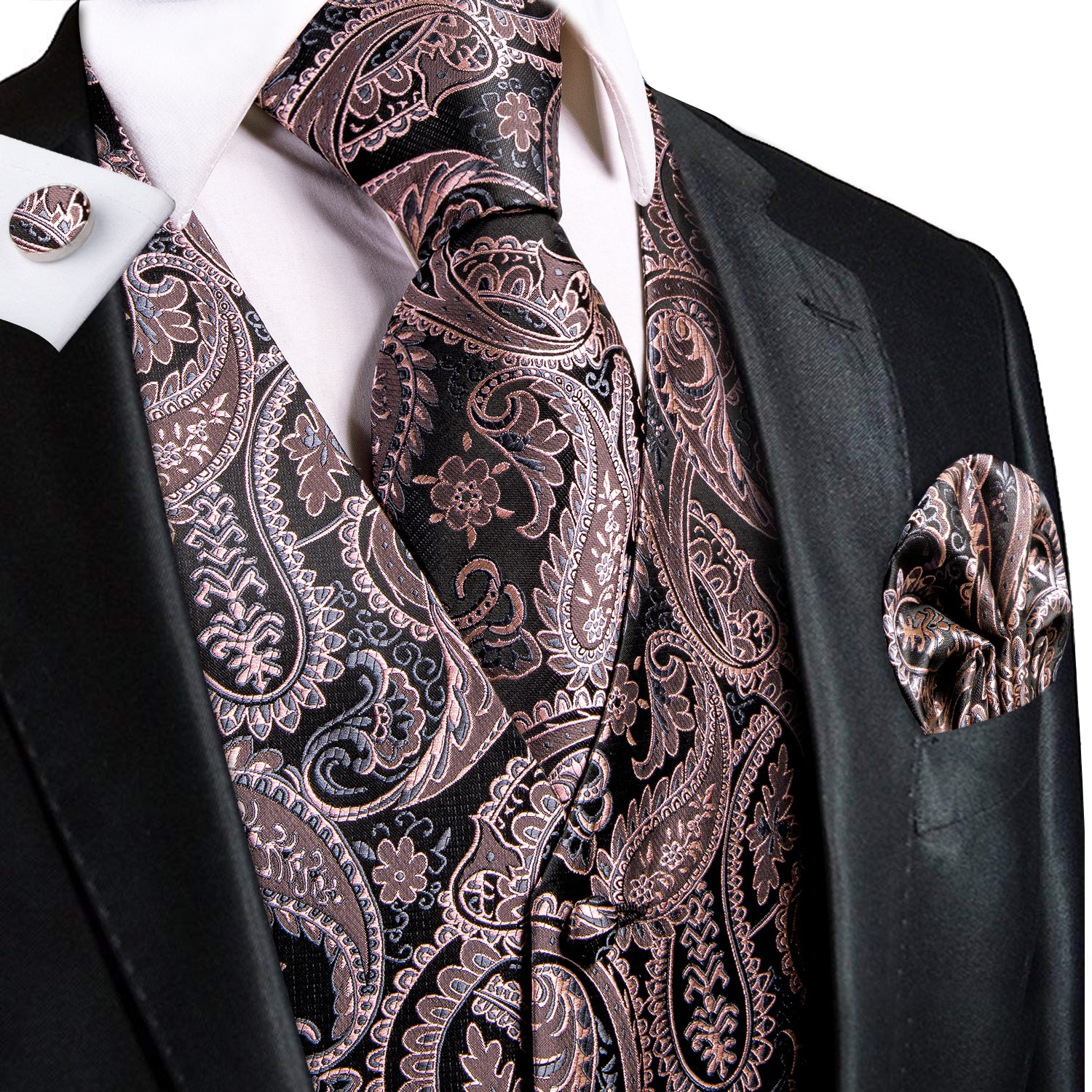 Black Pink Paisley Jacquard Silk Men's Vest Hanky Cufflinks Tie Set 