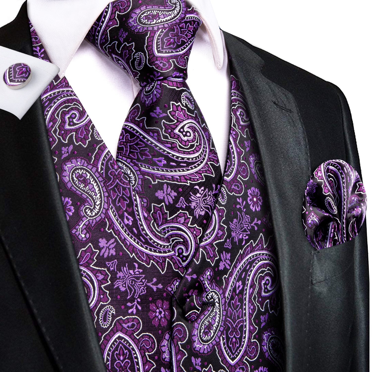 Dark Purple Paisley Jacquard Silk Men's Vest Hanky Cufflinks Tie Set ...