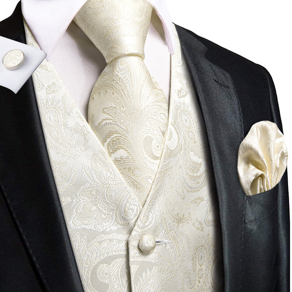 mens black suits with vest of the Champagne White Floral silk mens vest tie pocket square cufflinks set