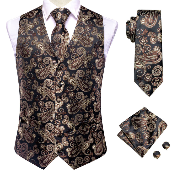 Black Brown Paisley Jacquard Silk Men's Vest Hanky Cufflinks Tie Set ...