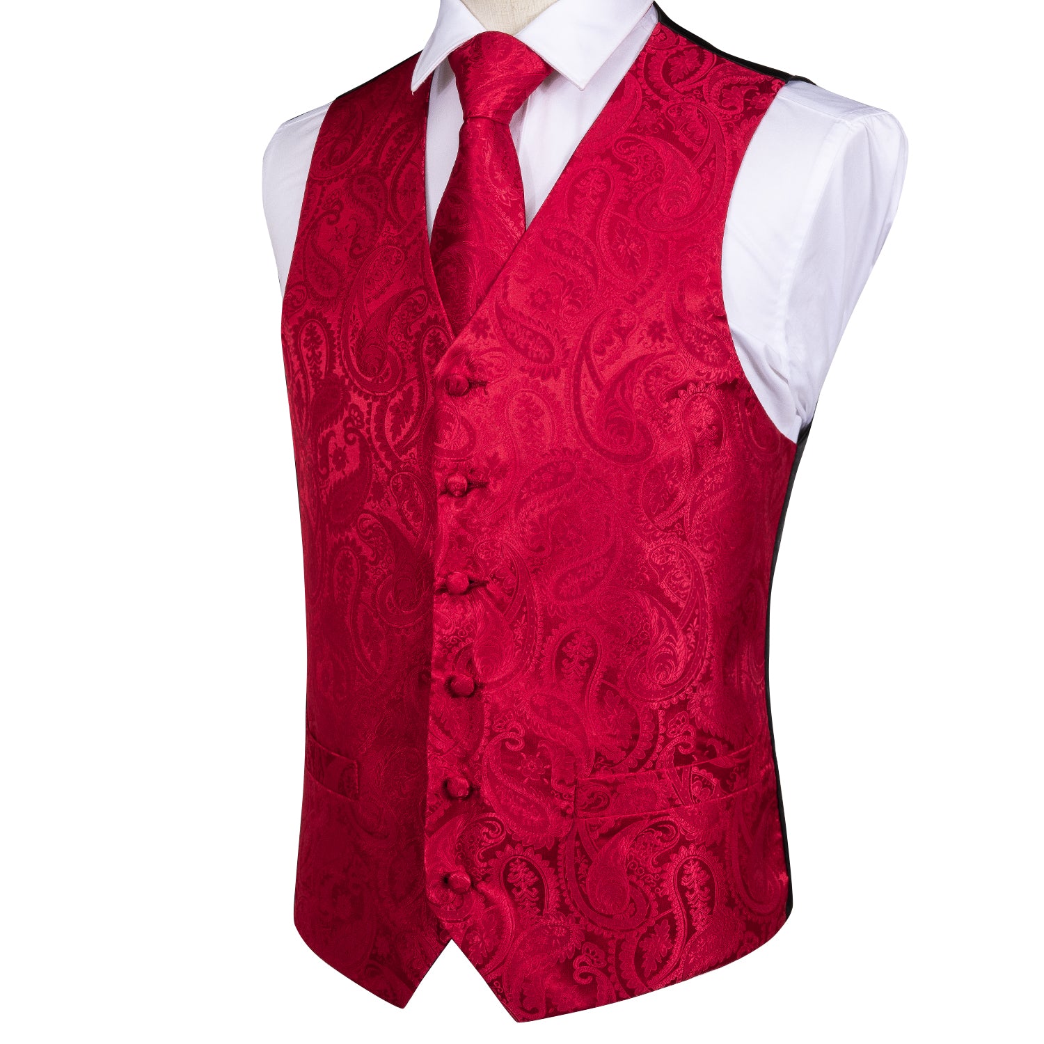 Luxury Red Paisley Jacquard Silk Men's Vest Hanky Cufflinks Tie Set Wa ...