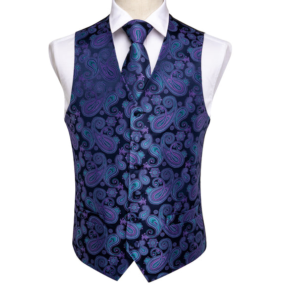 Luxury Blue Purple Paisley Jacquard Silk Men's Vest Hanky Cufflinks Ti ...