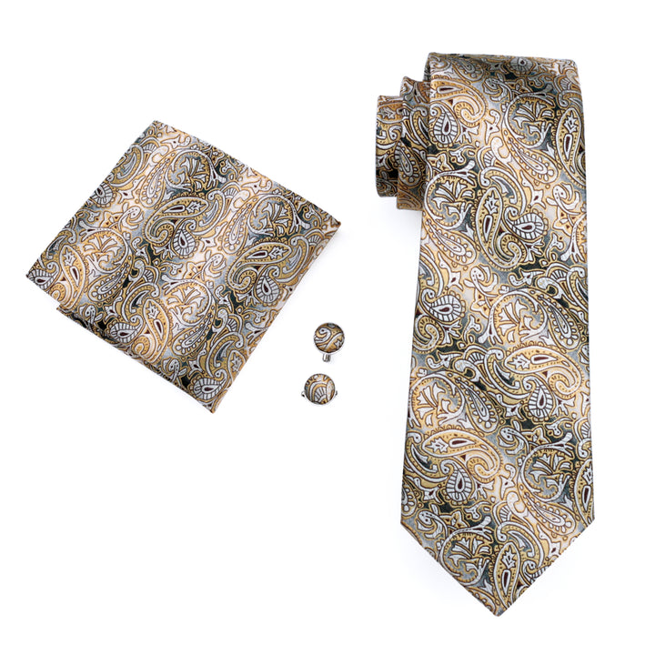 Yellow Grey Paisley Tie Pocket Square Cufflinks Set – ties2you
