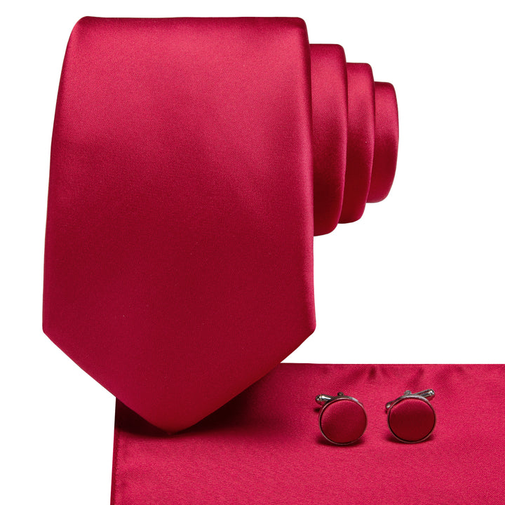 wedding solid silk mens maroon red tie handkerchief cufflinks set