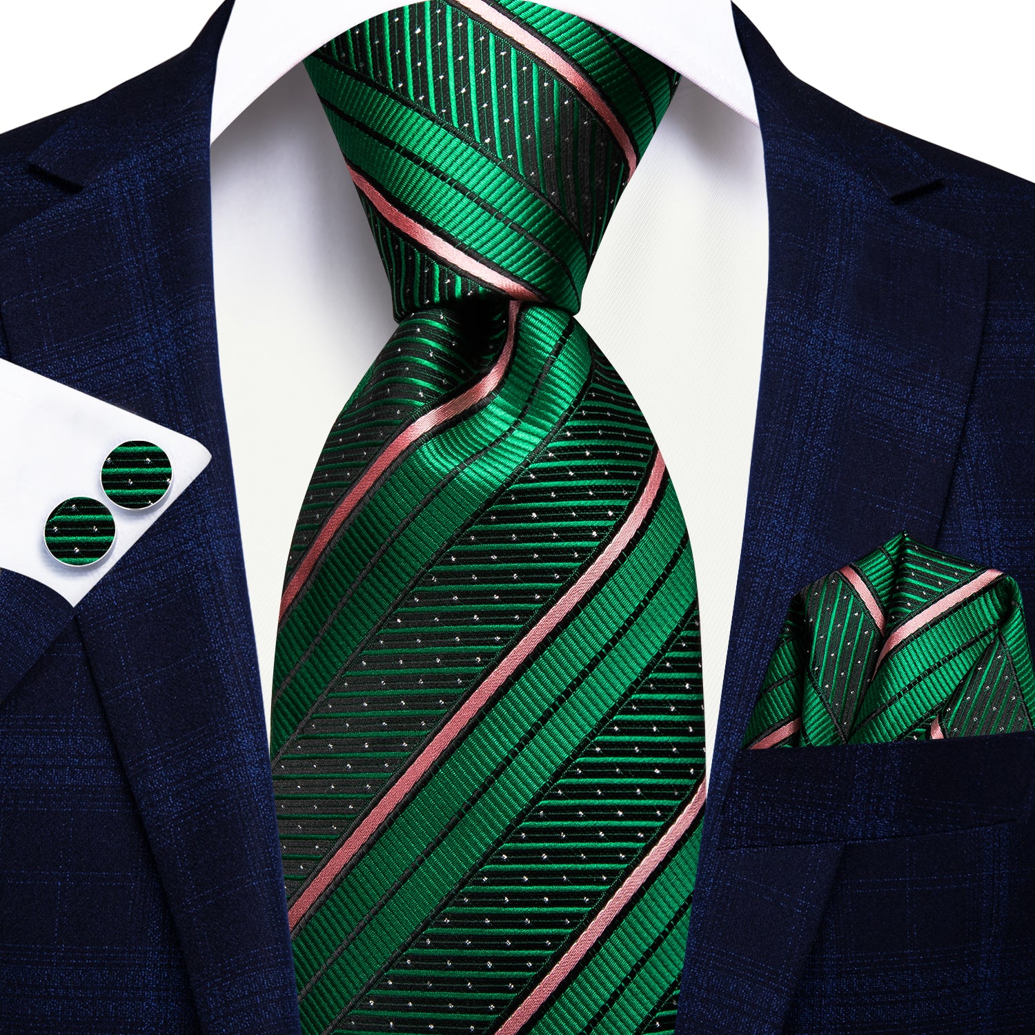 Green Pink Line Striped Tie Pocket Square Cufflinks Set – ties2you