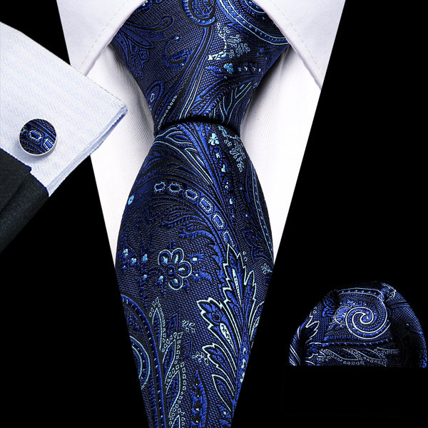 Navy Blue Paisley Silk Men's Necktie Pocket Square Cufflinks Set