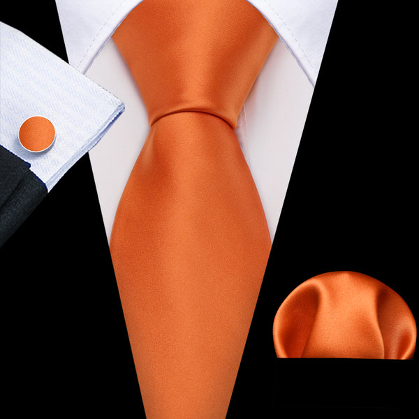 Orange Solid Men's Necktie Hanky Cufflinks Set