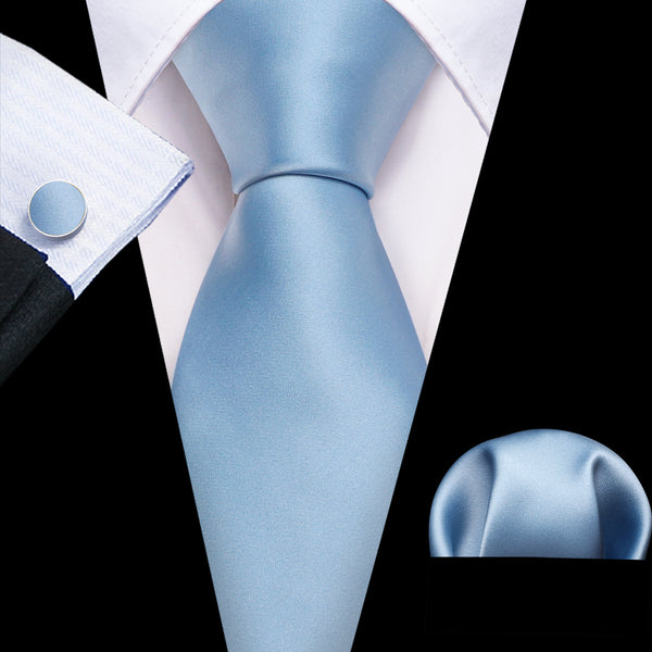 Baby Blue Solid Men's Necktie Hanky Cufflinks Set