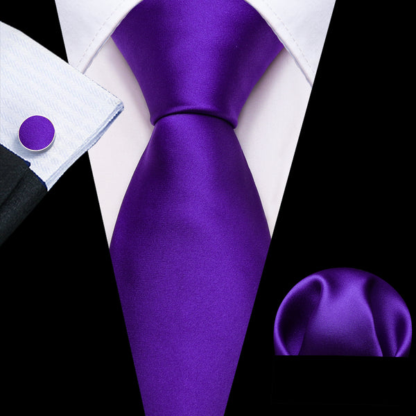 Dark Purple Solid Silk Men's Necktie Hanky Cufflinks Set