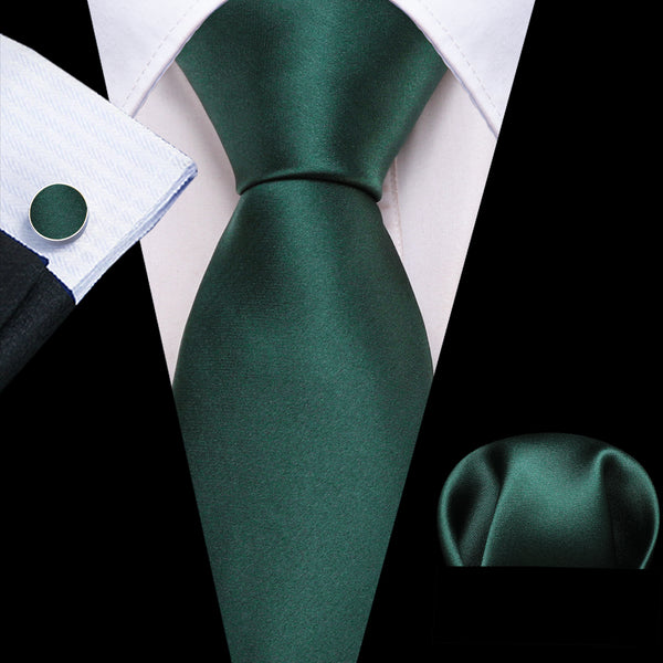 Dark Green Solid Silk Men's Necktie Hanky Cufflinks Set