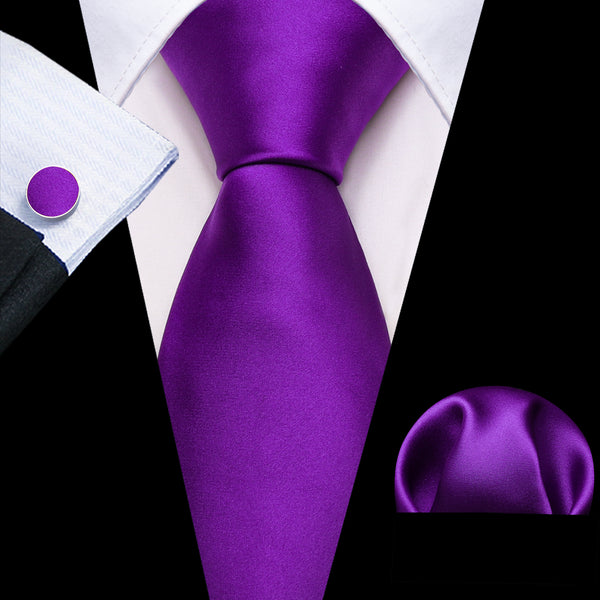 Purple Solid Silk Men's Necktie Hanky Cufflinks Set