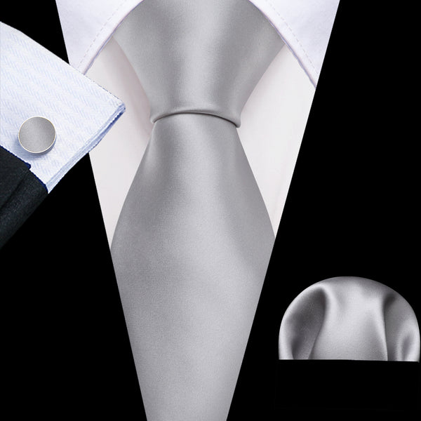 Light Grey Solid Silk Men's Necktie Hanky Cufflinks Set