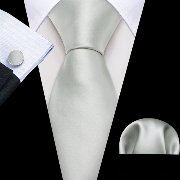 Pure White Solid Silk Men's Necktie Hanky Cufflinks Set