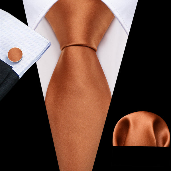classic business solid tie dark orange mens ties pocket square cufflinks set
