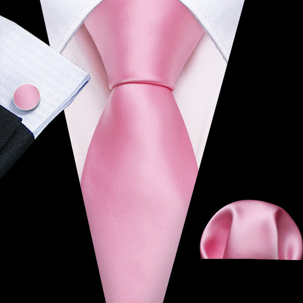 Pink Solid Silk Men's Necktie Hanky Cufflinks Set