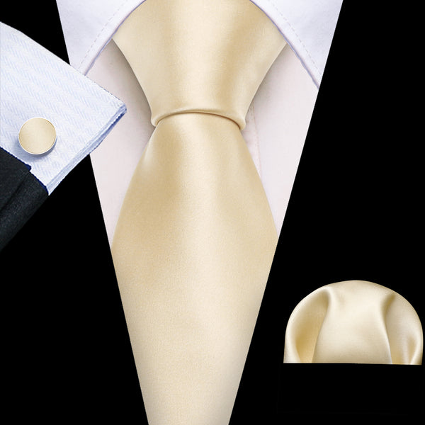 Light Yellow Solid Silk Men's Necktie Hanky Cufflinks Set