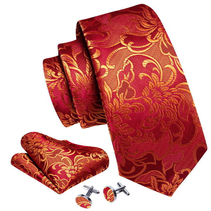 fashion wedding tie silk mens gold floral bright red tie handkerchief cufflinks set