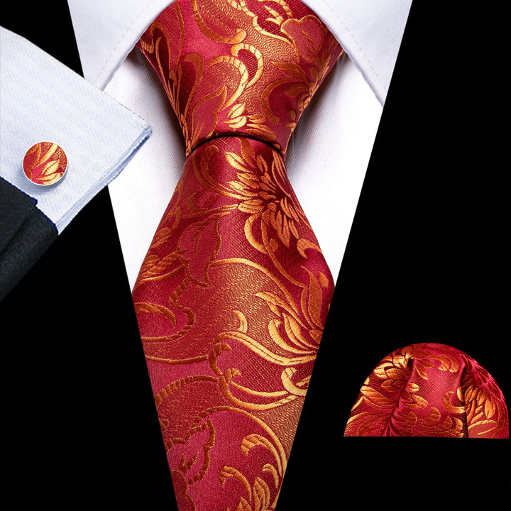 fashion wedding tie silk mens gold floral bright red tie handkerchief cufflinks set