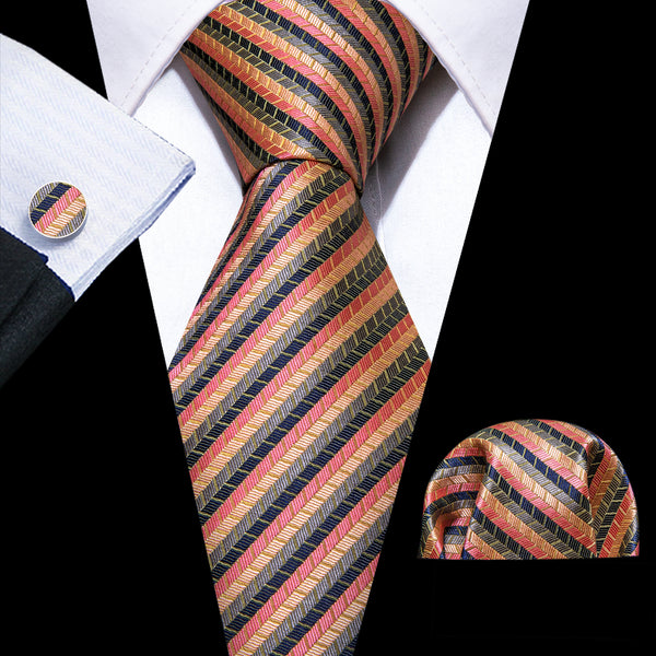 Yellow Blue Thin Striped Silk Tie Pocket Square Cufflinks Set