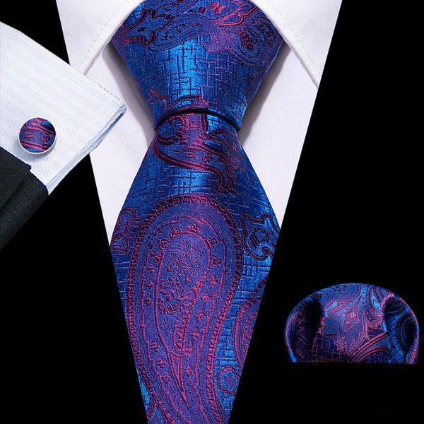 Blue Purple Paisley Silk Tie Pocket Square Cufflinks Set