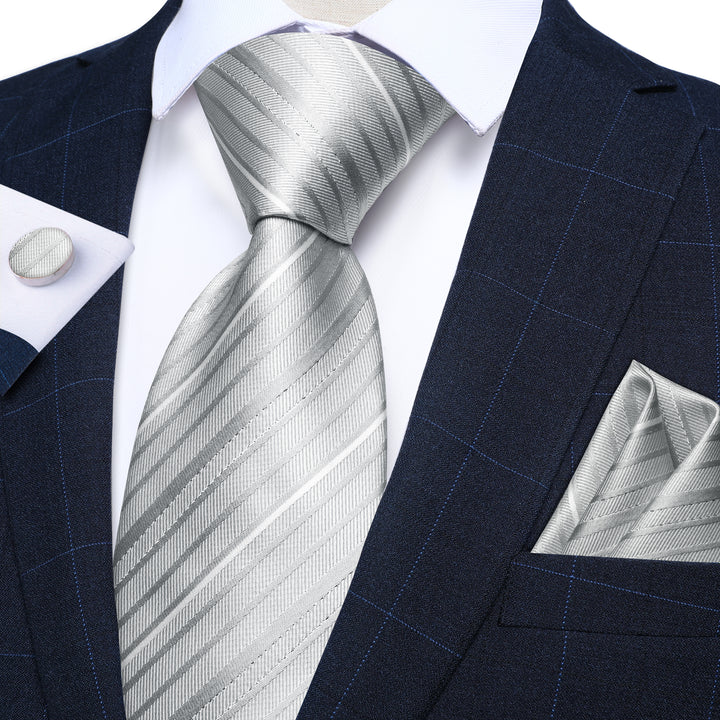 Silver Light Gray Striped Mens Tie Pocket Square Cufflinks Set – ties2you