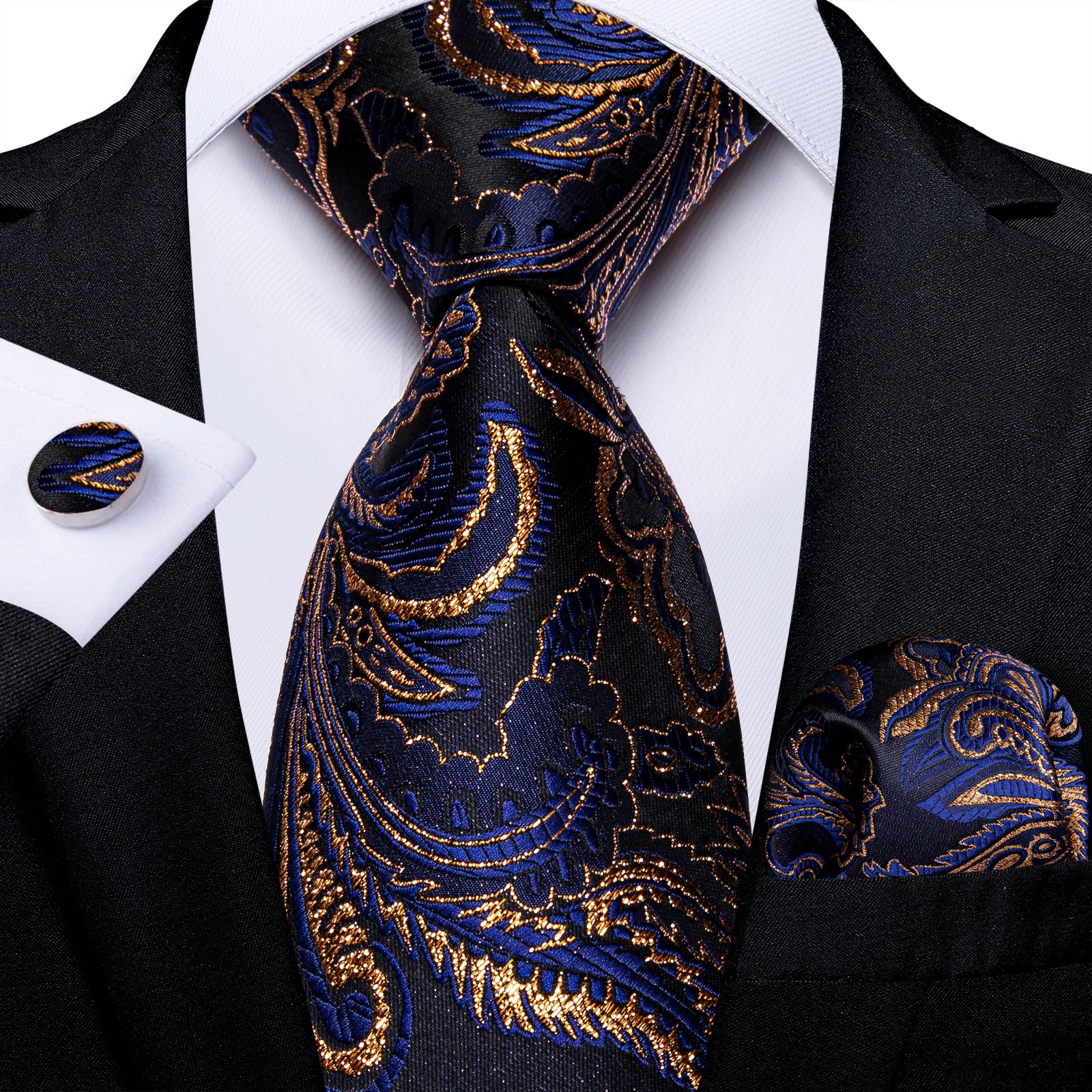 New Black with Golden Line Paisley Silk Fabric Tie Hanky Cufflinks Set ...