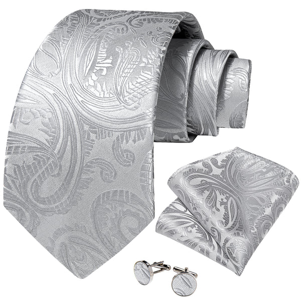 Silver White Paisley Tie Ring Pocket Square Cufflinks Set