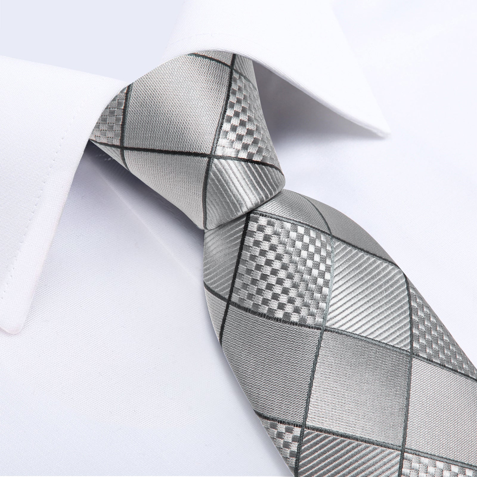 Light Grey Plaid Silk Fabric Tie Hanky Cufflinks Set – ties2you