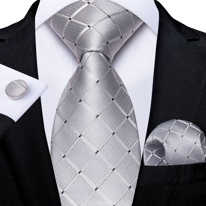 Silver Grey Plaid Silk Fabric Tie Hanky Cufflinks Set – ties2you