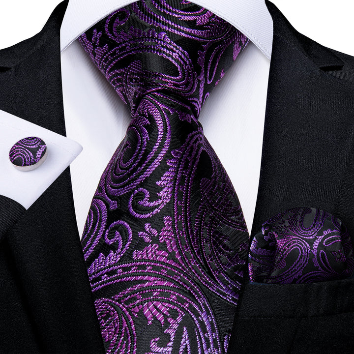 business silk mens black deep purple paisley ties pocket square cufflinks set