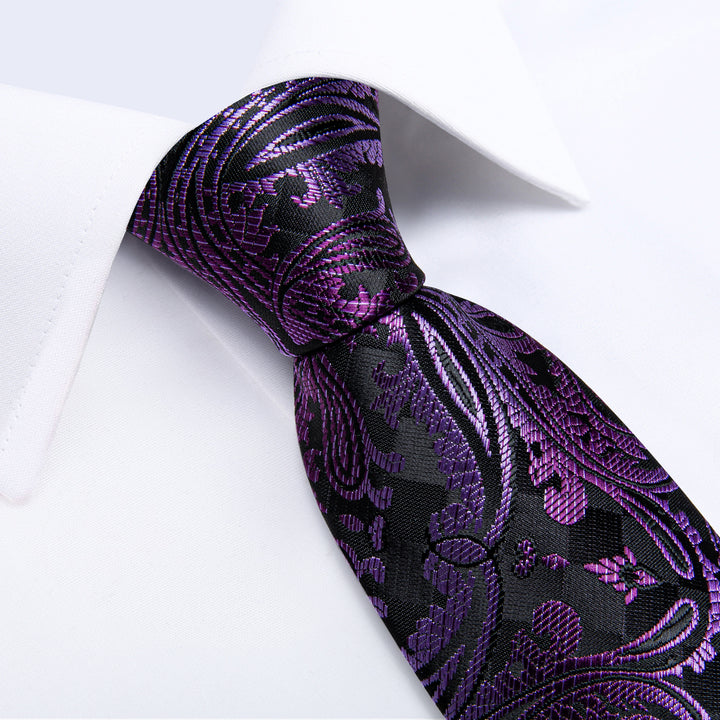 high quality silk paisley mens dark purple pattern tie pocket square cufflinks set for suit top