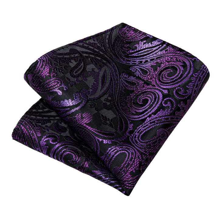 high quality silk paisley mens dark purple pattern tie pocket square cufflinks set for suit top